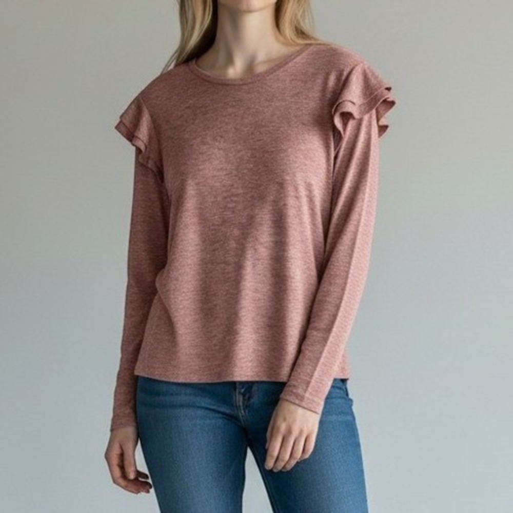 Ann Taylor Ruffle Shoulder Heathered Knit Top Boho Minimalist L Pink